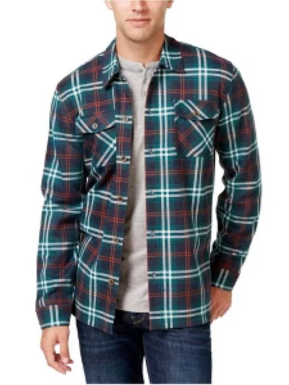 🧡3/15 Original Weatherproof Vintage Plaid Shirt Jacket Green Navy Red Men's L